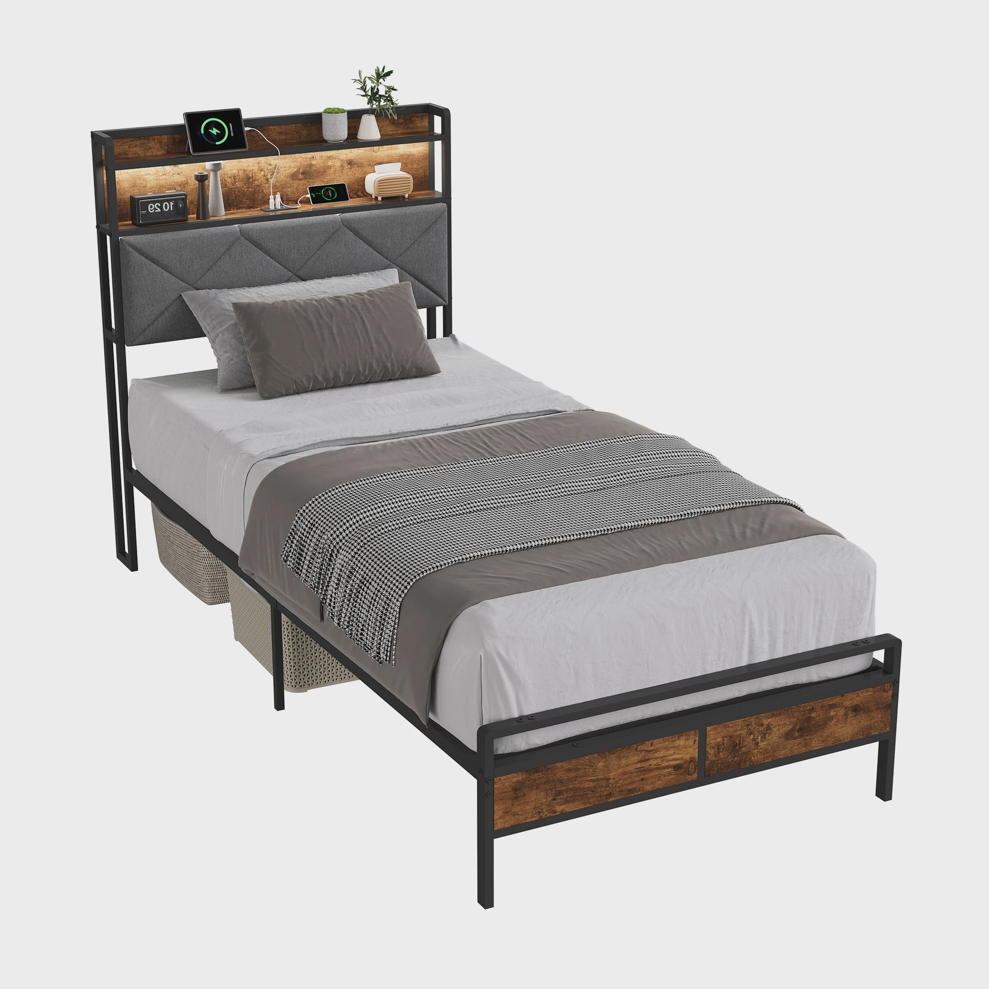 Modern Metalen Bed 90x200cm met LED Verlichting, Opbergkopstuk en USB-poorten