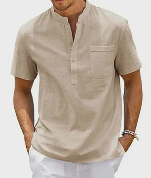 Herenshirt met Hennekhals en Borstzak - Korte Mouw, Katoen Linnen Mix - Casual & Vintage Stijl