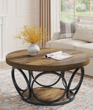 Ronde Houten Salontafel 80cm met 2-Laags Opbergruimte - Landhuisstijl