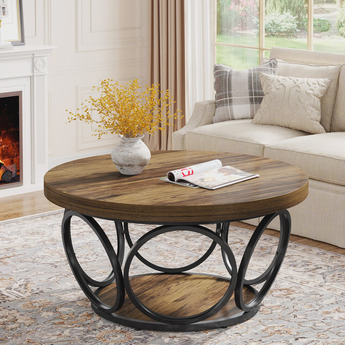 Ronde Houten Salontafel 80cm met 2-Laags Opbergruimte - Landhuisstijl