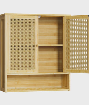 Houten Wandkast met 2 Rotan Deuren - Medicijnkastje en Keukenkastje