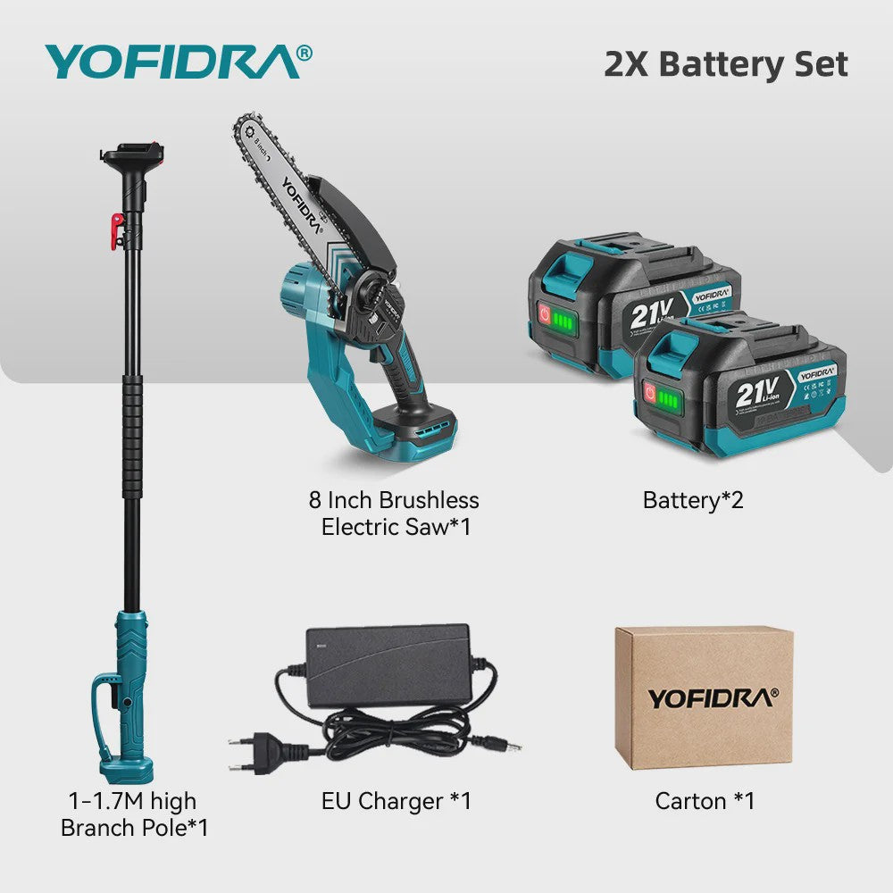 YOFIDRA Telescopische Snoeizaag 8-Inch Brushless Motor - 2-in-1 Hoge Takken Snoeien