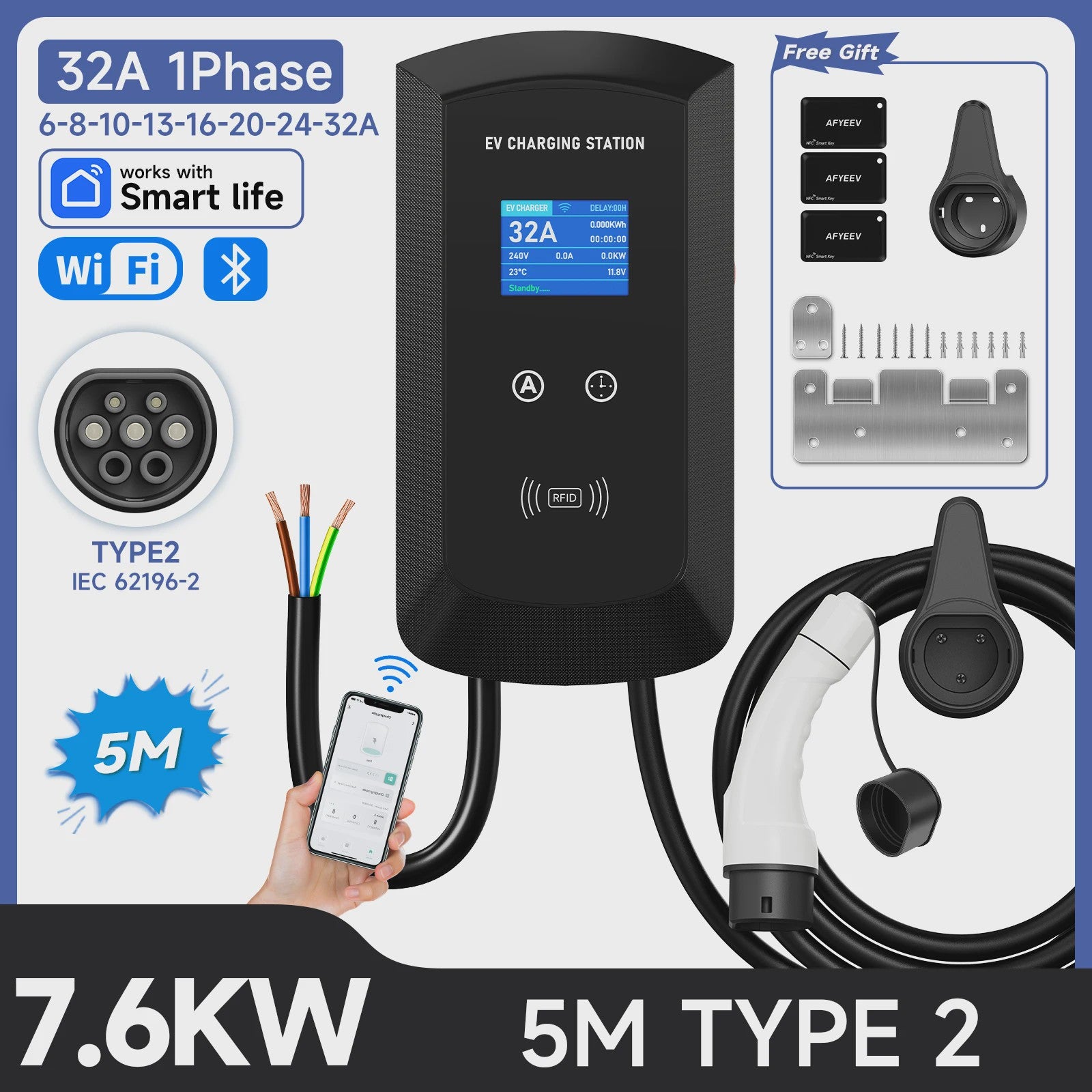 22KW 3-Fase Type 2 EV Laadstation Wallbox met WIFI/APP Controle - Snel Laden tot 7.6KW