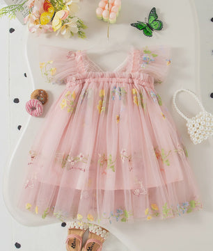 Zomerse Prinsessenjurk Meisjes met Kant en Bloemenprint - Perfect voor Feestjes en Bruiloften