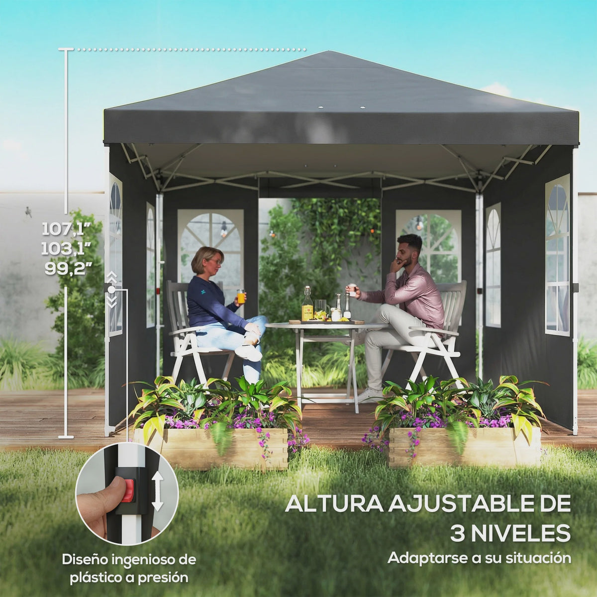 Outsunny Pop-Up Partytent 3x3m met Verstelbare Hoogte en Afneembare Zijwanden