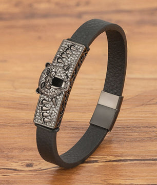 Heren Lederen Armband met Leopard Hoofd & Kristallen - Vintage Punk Rock Stijl