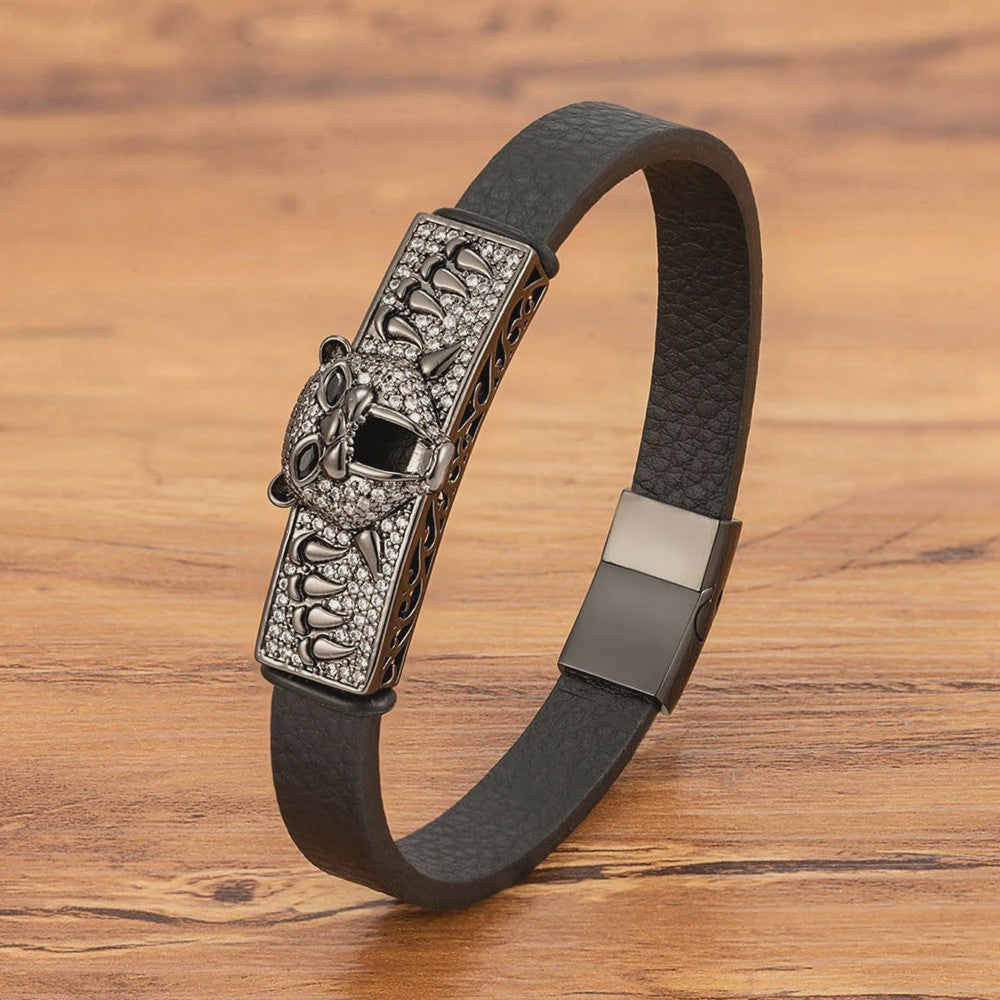Heren Lederen Armband met Leopard Hoofd & Kristallen - Vintage Punk Rock Stijl