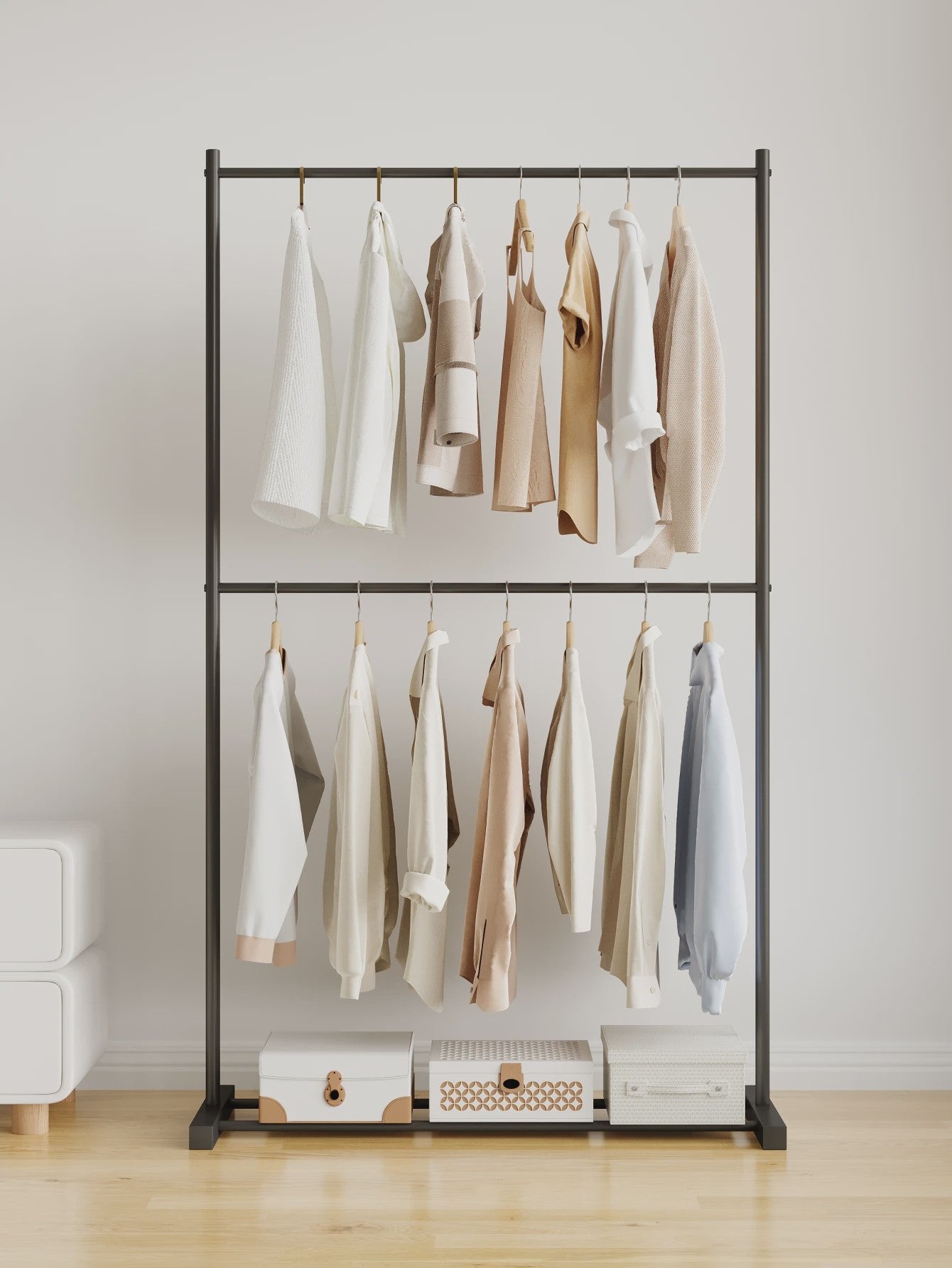 Stabiele Kledingrek Dubbellaags - Multifunctioneel & Nordic Stijl - Zwart, Wit, Goud