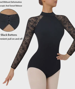 Dames Ballet Dans Leotard met Lange Mouwen, Turtleneck en Kant - Zwart
