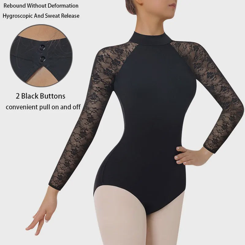 Dames Ballet Dans Leotard met Lange Mouwen, Turtleneck en Kant - Zwart