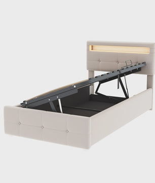 Kinderbed 90x200 cm Beige Velours met LED Verlichting, Hydraulische Opbergruimte en Verstelbaar Hoofdbord