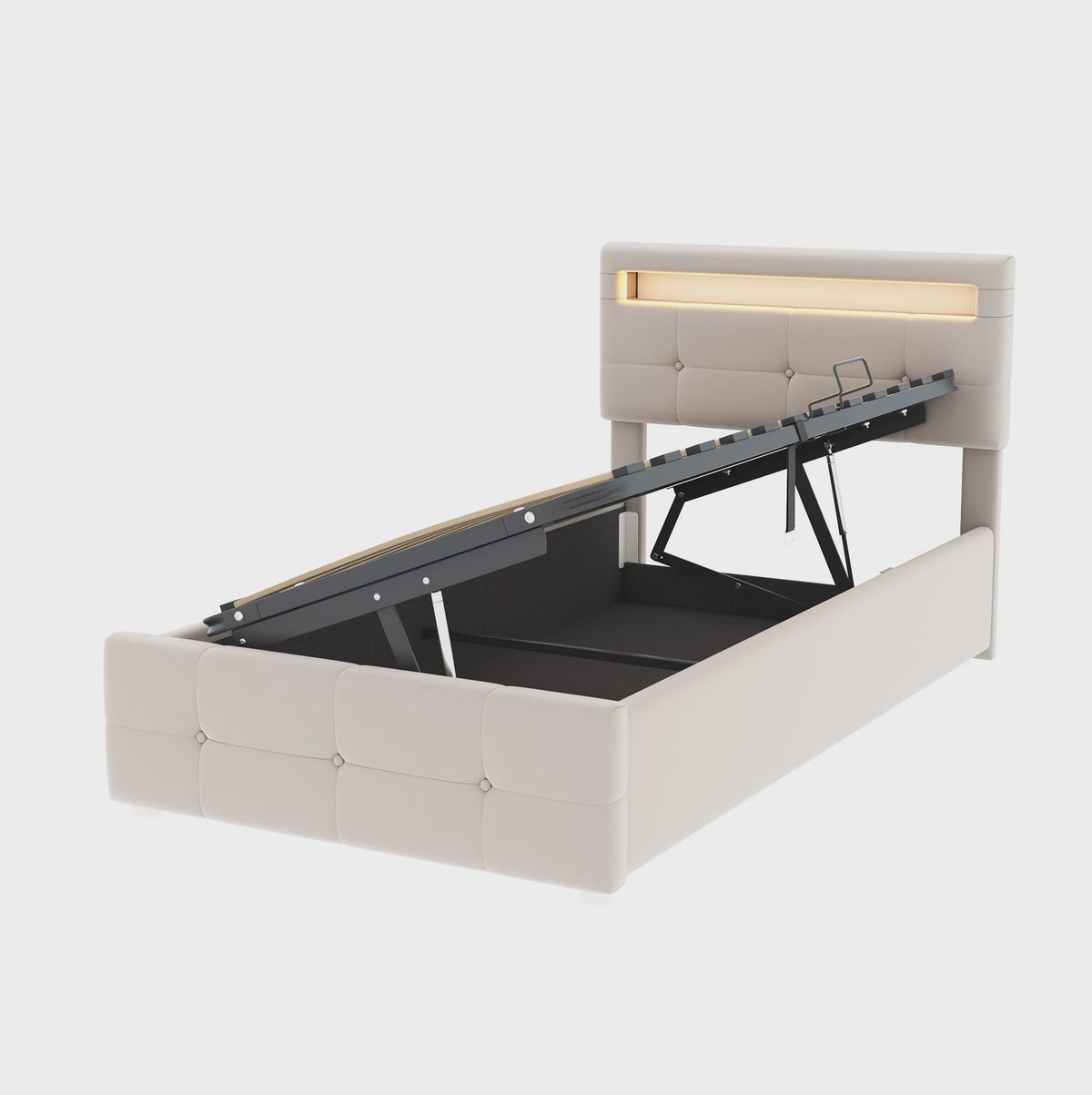 Kinderbed 90x200 cm Beige Velours met LED Verlichting, Hydraulische Opbergruimte en Verstelbaar Hoofdbord