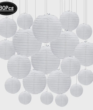 30 Stuks Witte Papieren Lampionnen Set - Ronde Chinese Hangende Decoratie voor Feesten