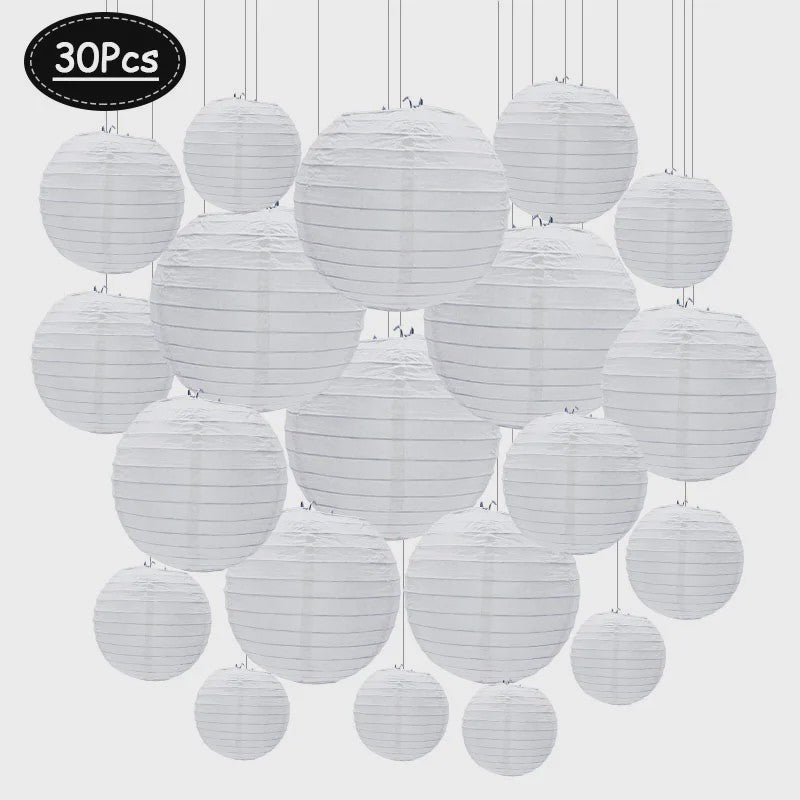 30 Stuks Witte Papieren Lampionnen Set - Ronde Chinese Hangende Decoratie voor Feesten