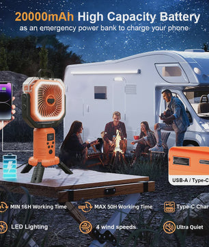 Draagbare Camping Ventilator met Vernevelaar, 20000mAh, Afstandsbediening & LED Licht