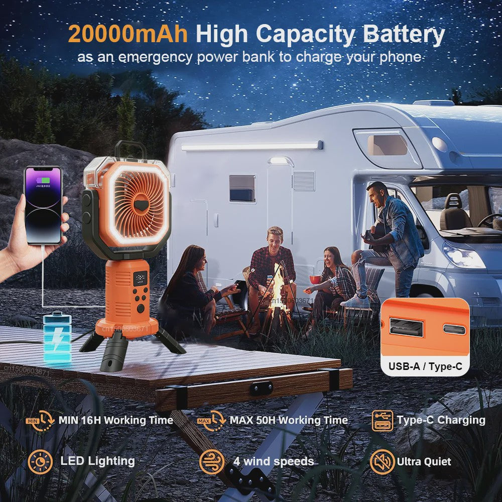 Draagbare Camping Ventilator met Vernevelaar, 20000mAh, Afstandsbediening & LED Licht