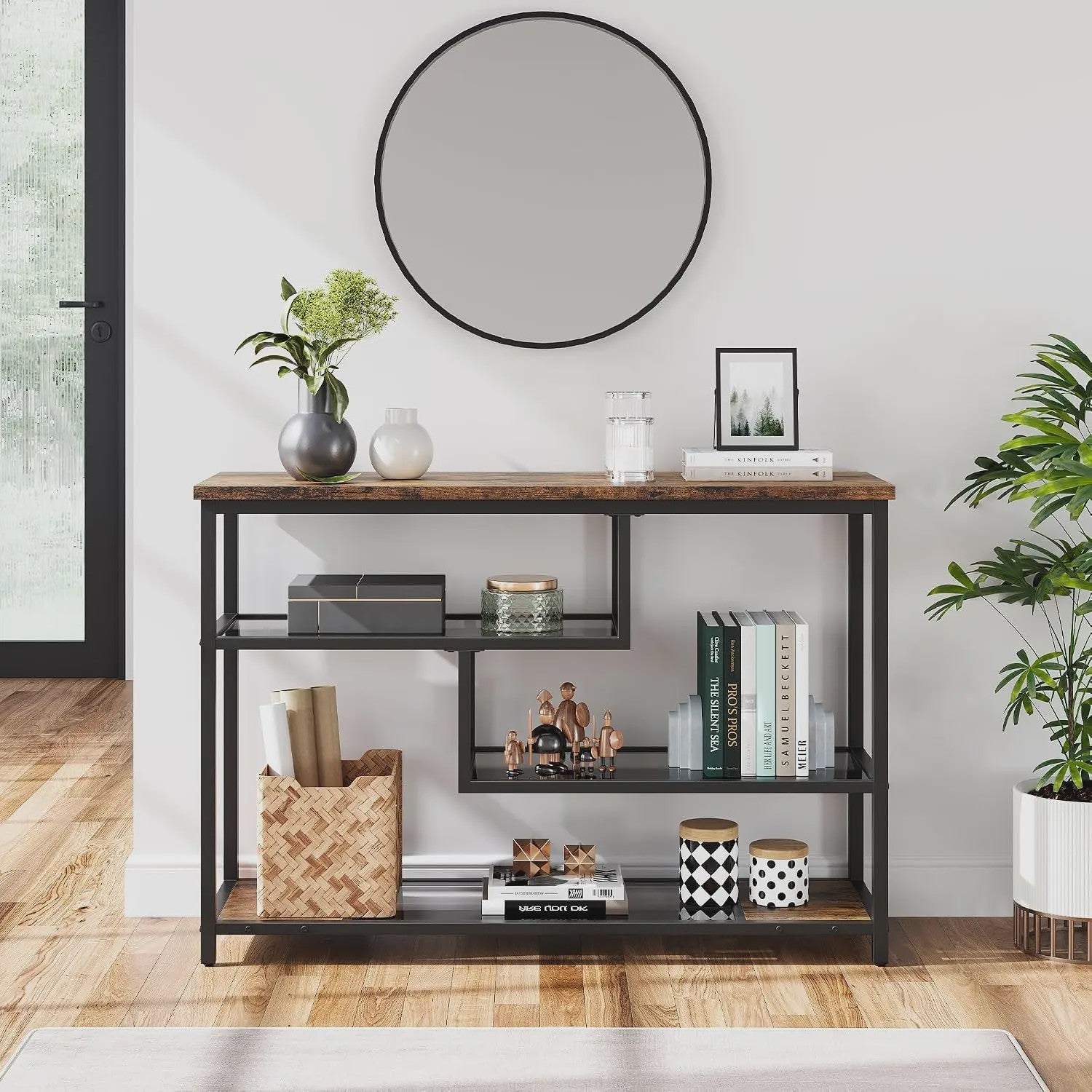 Industriële Vintage Console Tafel met 4 Niveaus en Glazen Bladen