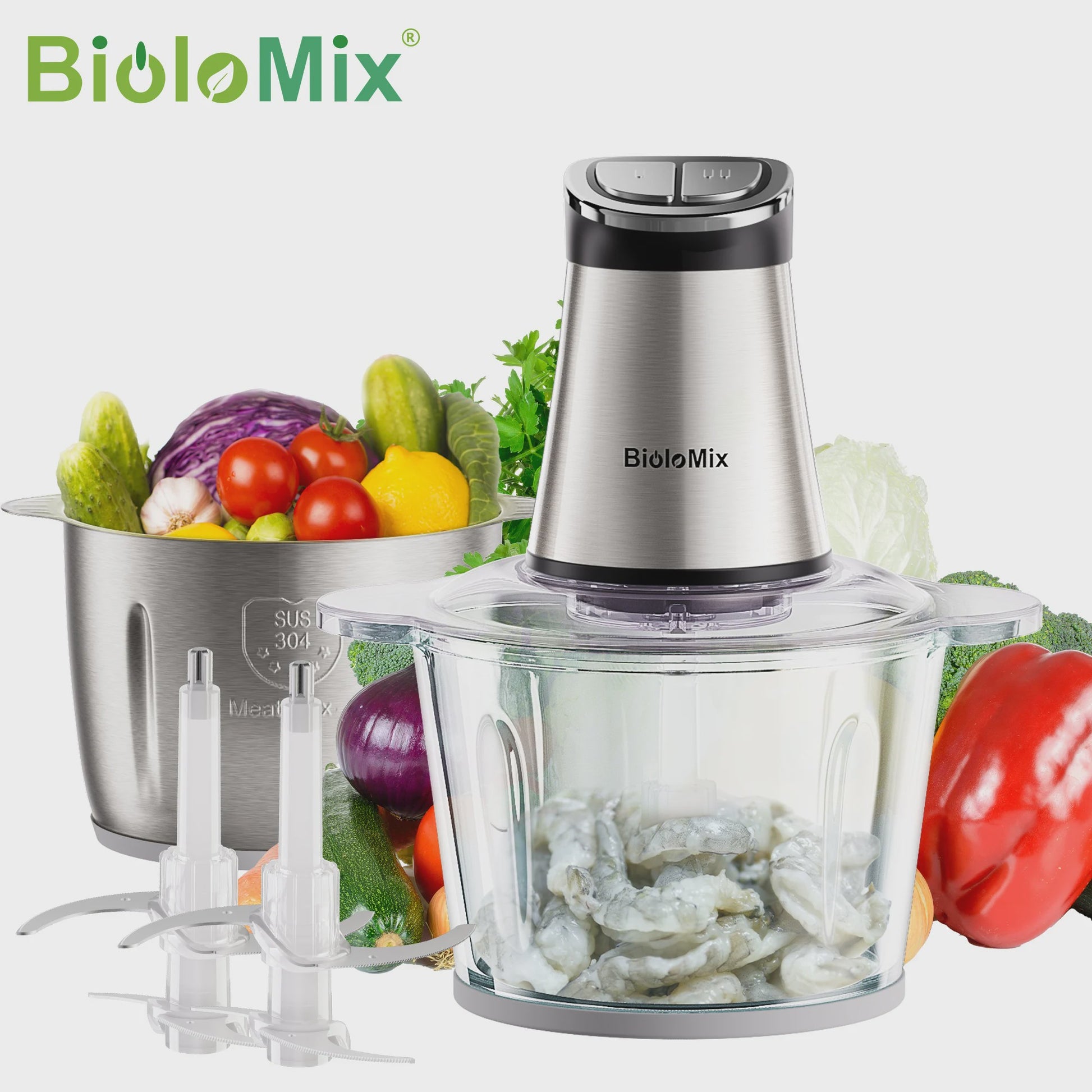 BioloMix Mini Elektrische Hakmolen - 300W, 2 kommen, 4 bladen