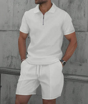 Zomerse Wafel Set: Poloshirt met Rits en Shorts