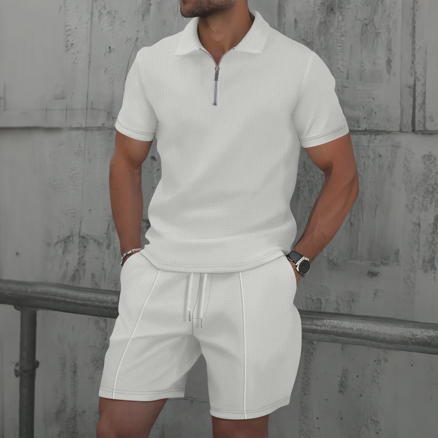 Zomerse Wafel Set: Poloshirt met Rits en Shorts