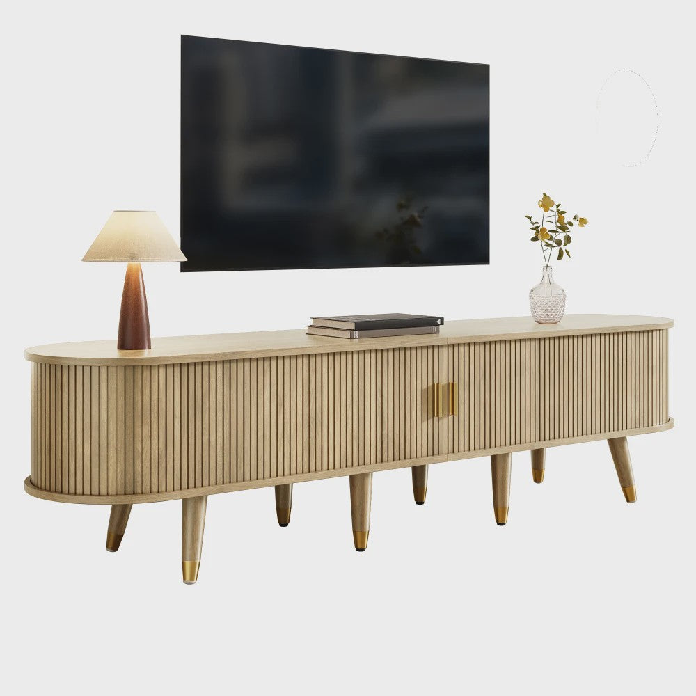 Modern TV Meubel met Rotan Deur en Veel Opbergruimte - Landelijke Stijl