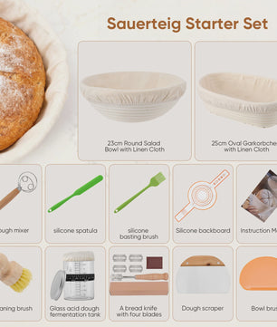 Compleet Zuurdesem Starterspakket: 21 Delige Broodbak Set met Rieten Manden & Glazen Pot