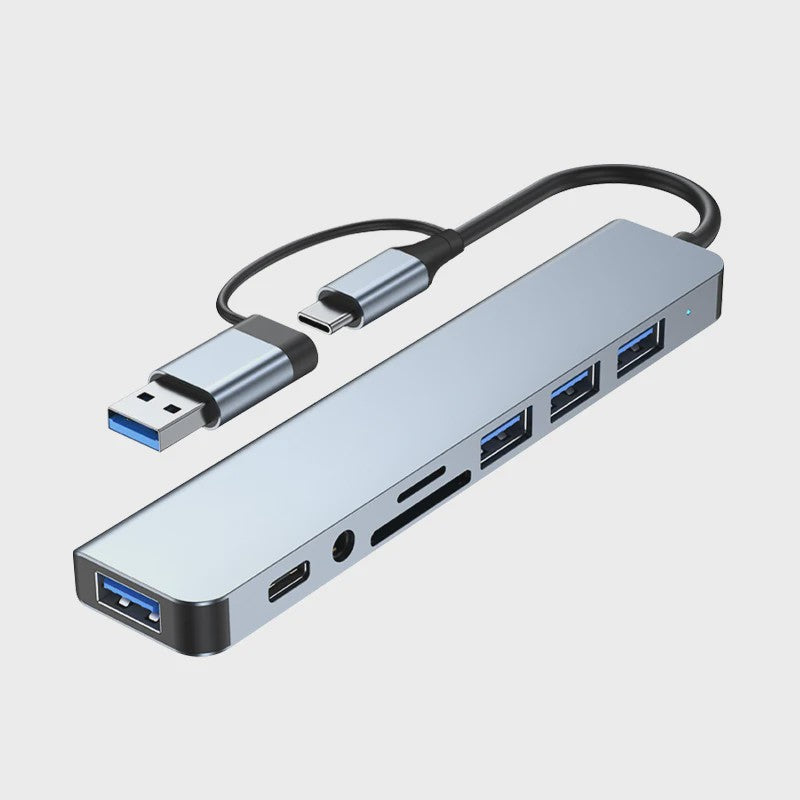 8-in-2 USB-C Hub: Expander met USB 3.0, Type-C, SD/TF & Audio voor Telefoon/Tablet