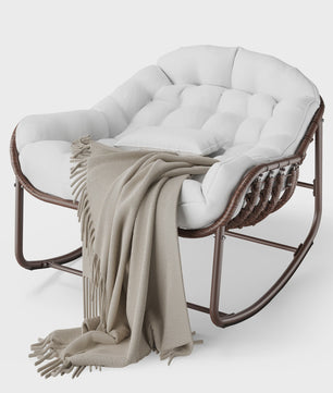 Oversized Rotan Wipstoel met Dik Kussen - Moderne Wicker Lounge Stoel voor Binnen & Buiten