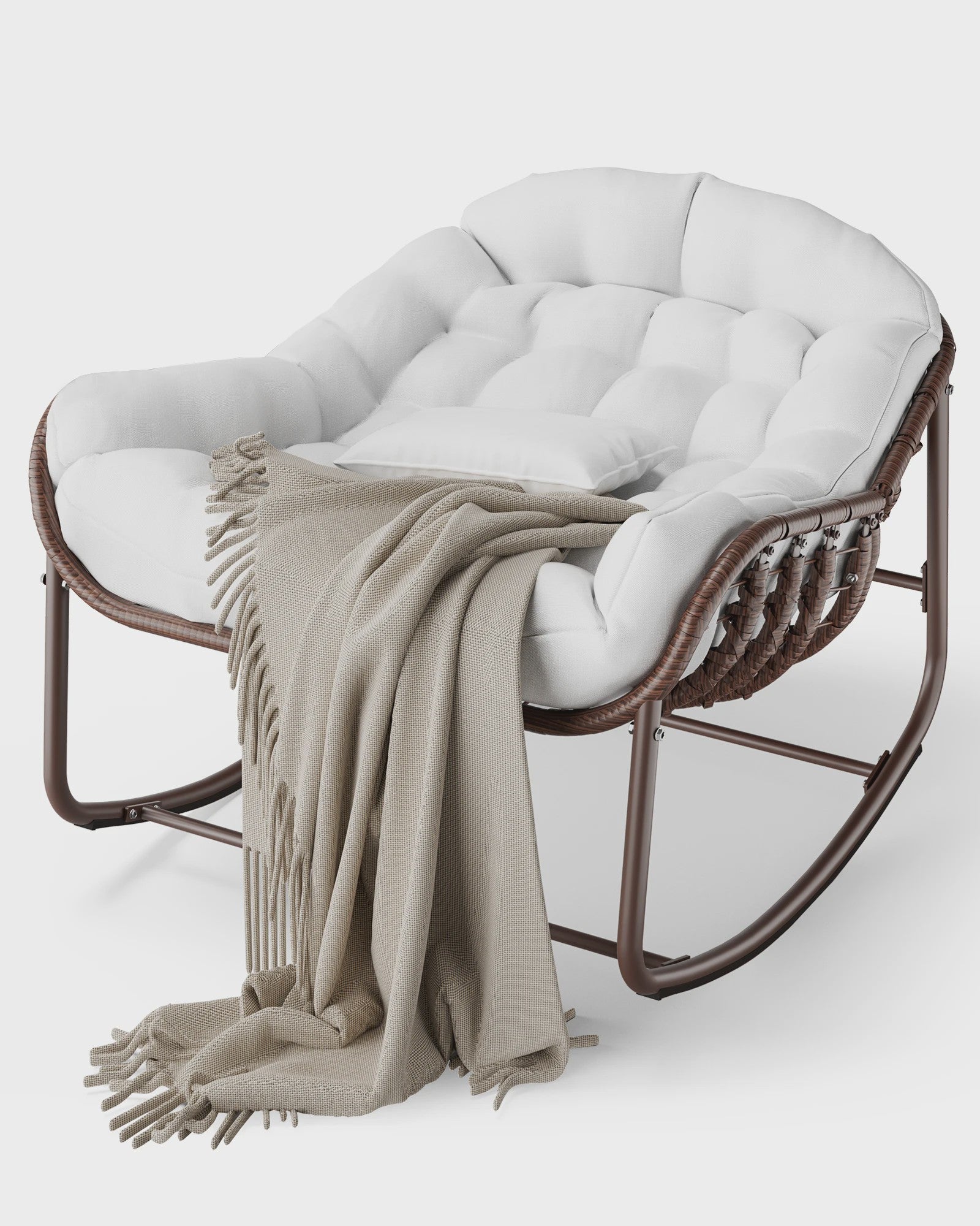 Oversized Rotan Wipstoel met Dik Kussen - Moderne Wicker Lounge Stoel voor Binnen & Buiten