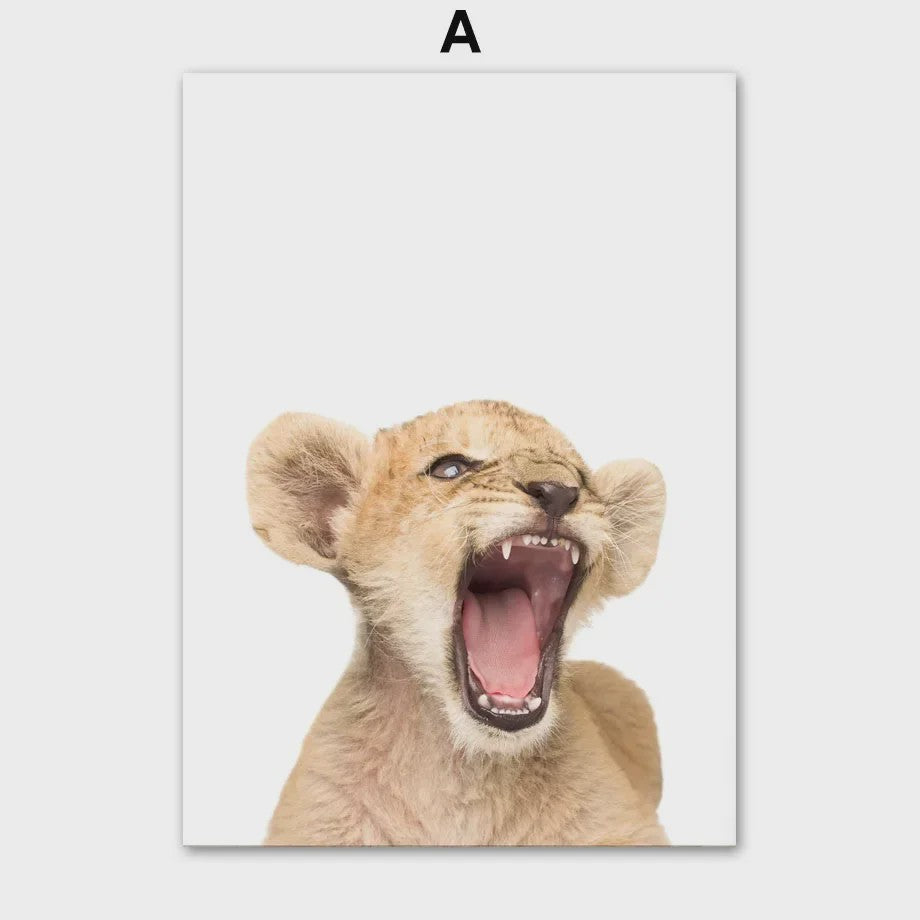Schattige Safari Dieren Canvas Poster voor Kinderkamer - Olifant, Leeuw, Nijlpaard, Struisvogel, Varken