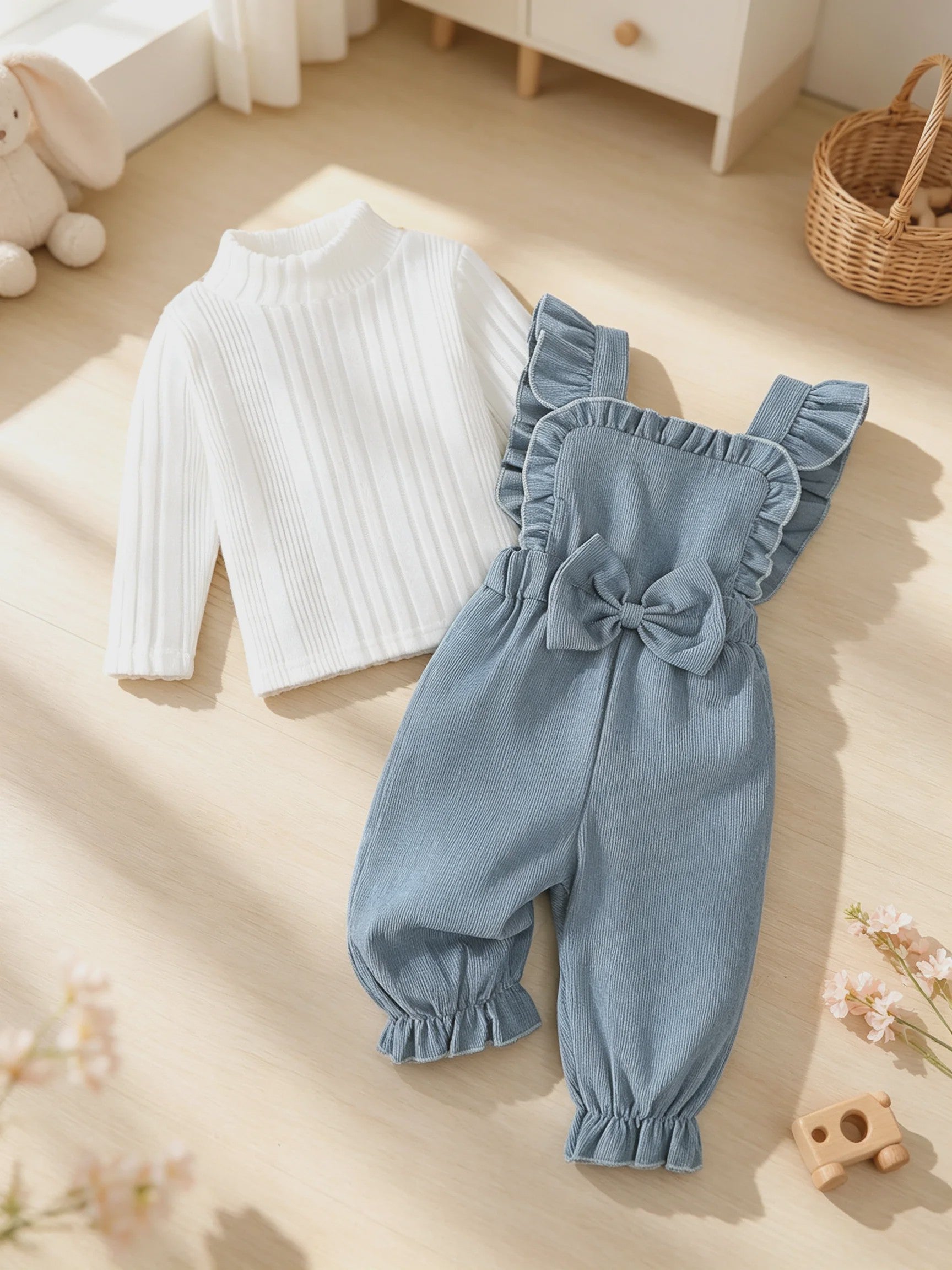 Schattige Baby Outfit: Witte Lange Mouwen Top met Blauwe Overalls en Strik