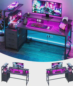 Gaming Bureau met LED Verlichting, Stopcontacten en Opbergvakken - 148x48x148 cm
