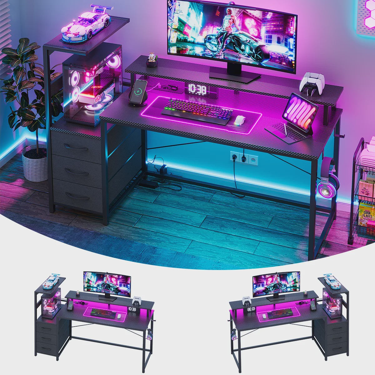 Gaming Bureau met LED Verlichting, Stopcontacten en Opbergvakken - 148x48x148 cm