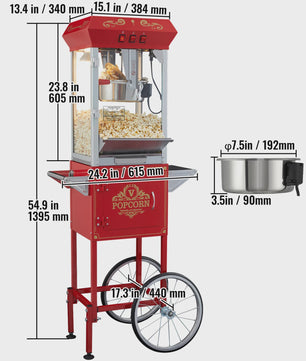 Professionele Popcorn Machine met Kar - 8oz Ketel, 48 Cups per Batch, Gehard Glas