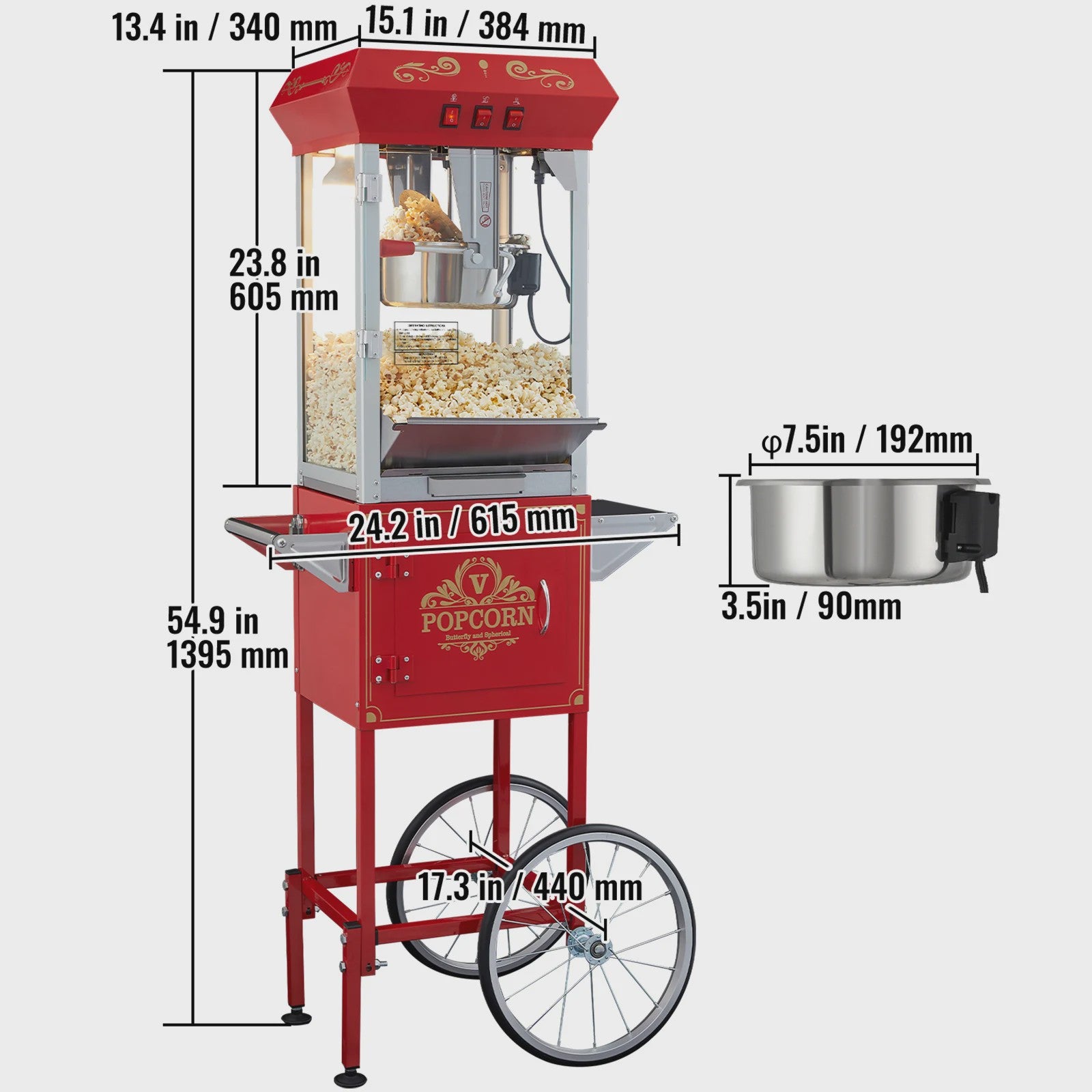 Professionele Popcorn Machine met Kar - 8oz Ketel, 48 Cups per Batch, Gehard Glas