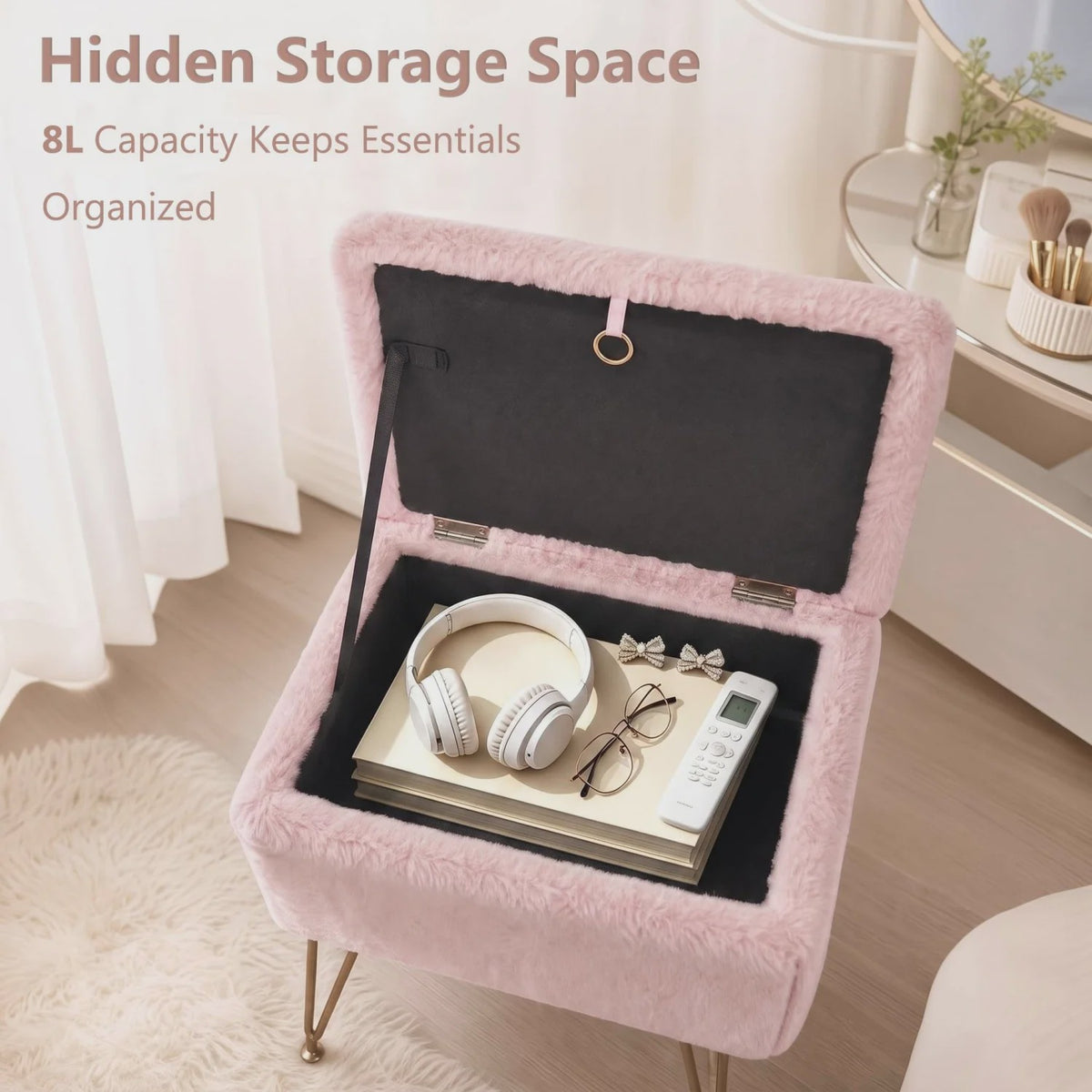 Luxe Fauteuil Poef met Opbergruimte & Pluche Zitting - Goudkleurige Poten