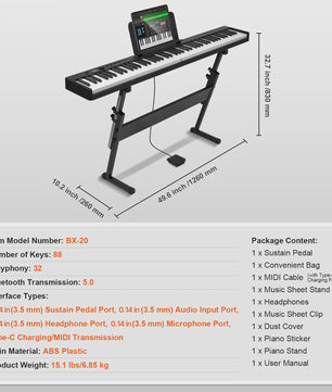 Opvouwbaar 88 Toetsen Digitale Piano Keyboard met Bluetooth & MIDI - Draagbaar en Oplaadbaar