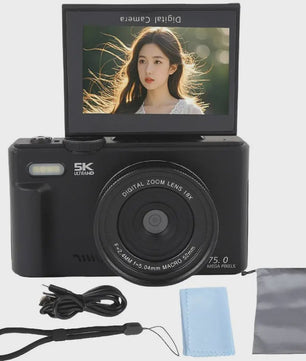 5K Digitale Camera met 75MP, 18x Zoom & 180° Flip Screen - Perfect voor Vlogs, YouTube & Selfies - WiFi