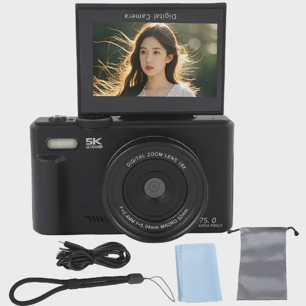 5K Digitale Camera met 75MP, 18x Zoom & 180° Flip Screen - Perfect voor Vlogs, YouTube & Selfies - WiFi