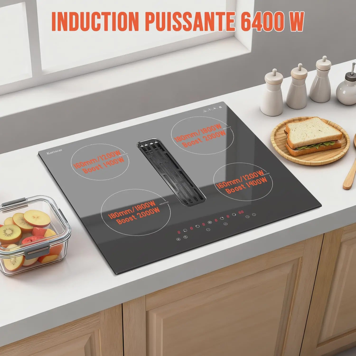 Karinear Inbouw Inductie Kookplaat met Afzuiging - 60cm, 6400W, 9 standen, Timer & Boost
