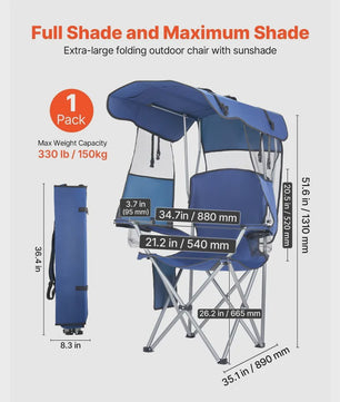Comfortabele Campingstoel met Zonnedak, Bekerhouders en Opbergvak - Blauw