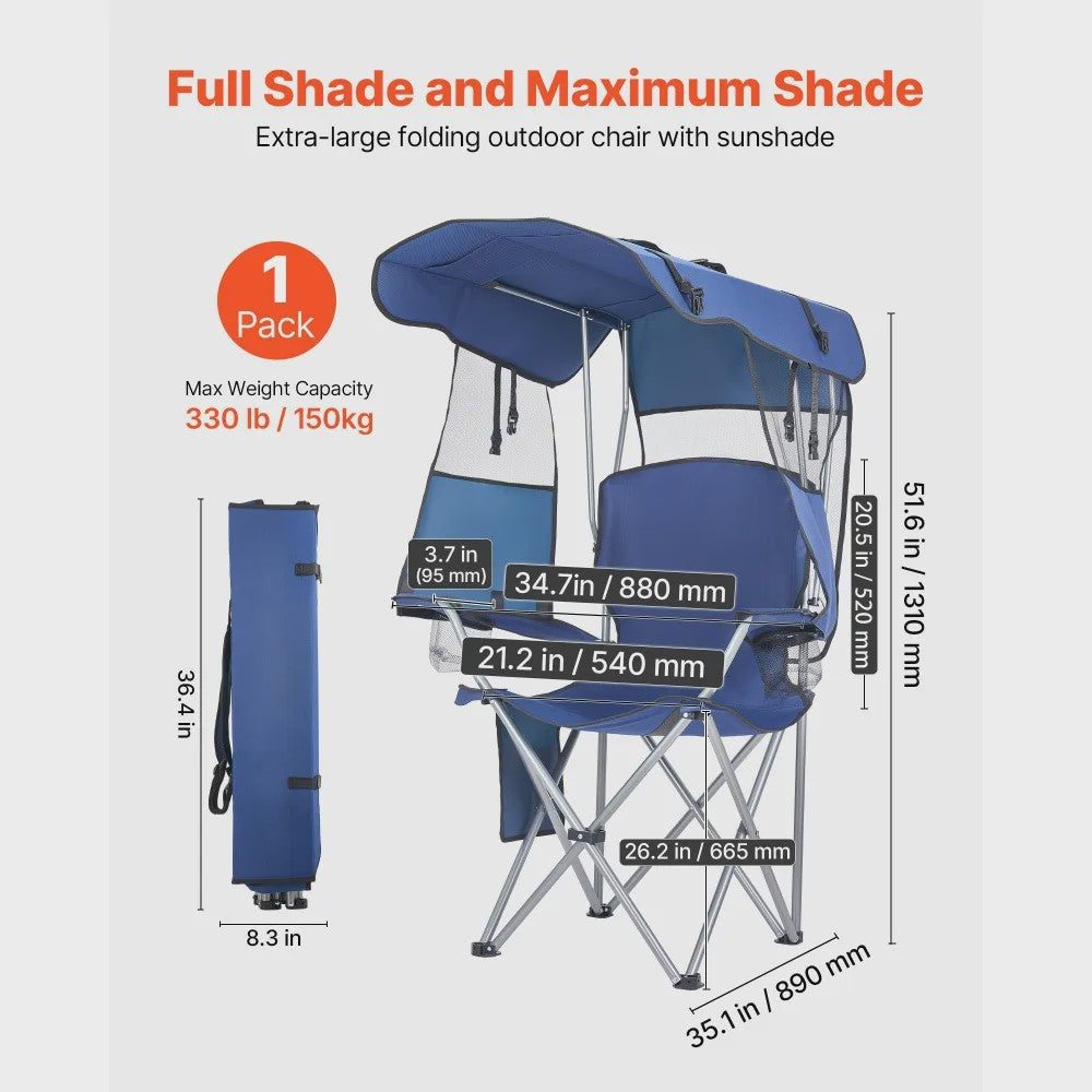 Comfortabele Campingstoel met Zonnedak, Bekerhouders en Opbergvak - Blauw