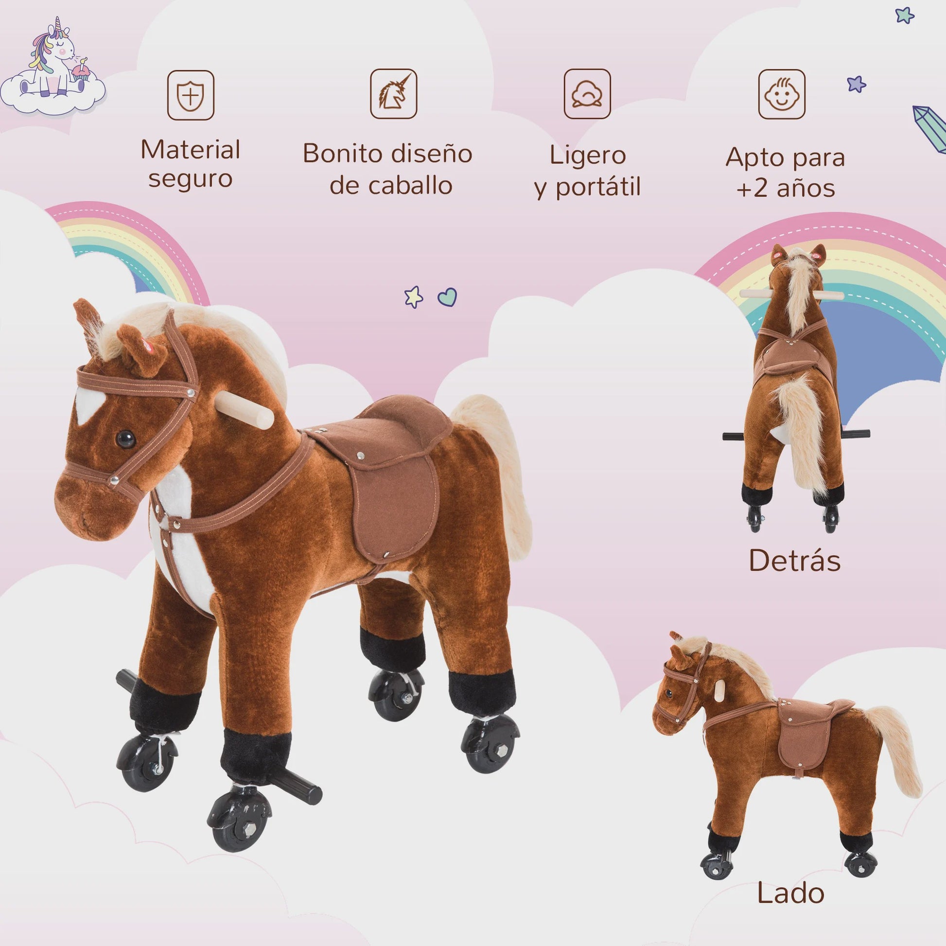 Bruin Hobbelpaard met Wielen, Geluiden en Pedalen - Geschikt voor Kinderen Vanaf 2 Jaar