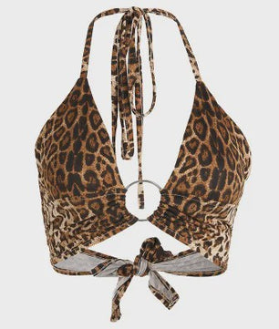 Leopard Print Halter Crop Top met Ring Detail en Bandage Sluiting