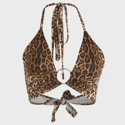 Leopard Print Halter Crop Top met Ring Detail en Bandage Sluiting
