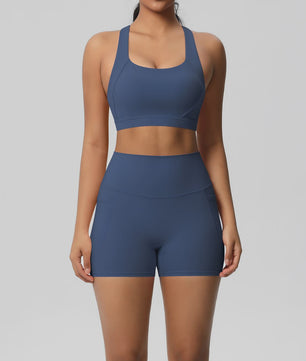 Dames Yoga Set: Sportieve Kleding met Hoge Taille Shorts en Sportbeha met Zakken