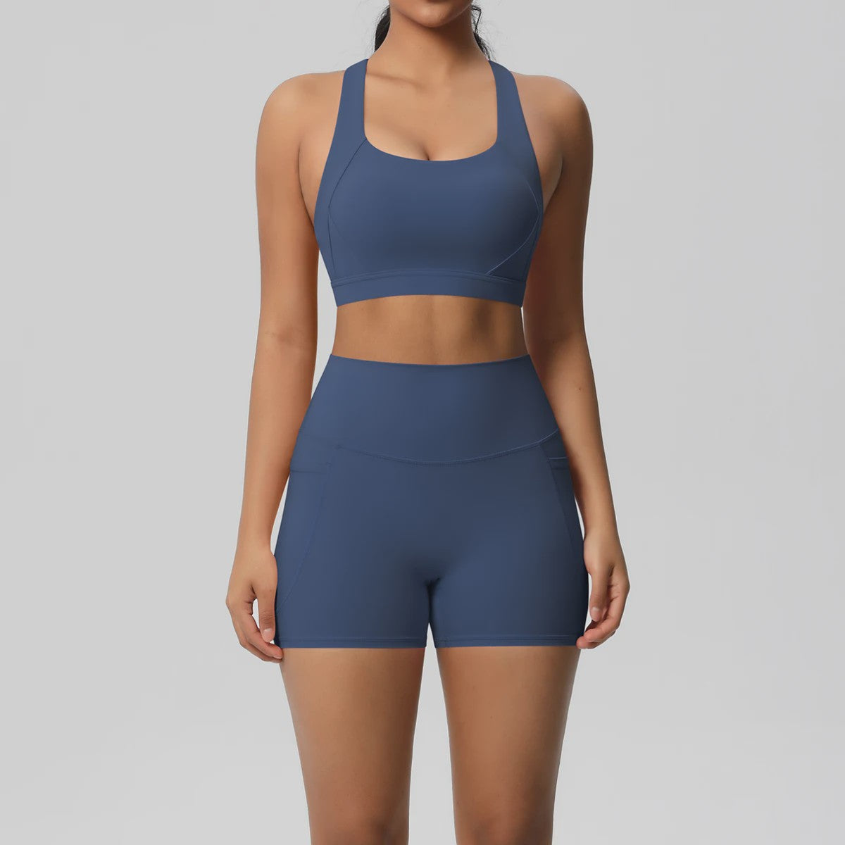 Dames Yoga Set: Sportieve Kleding met Hoge Taille Shorts en Sportbeha met Zakken