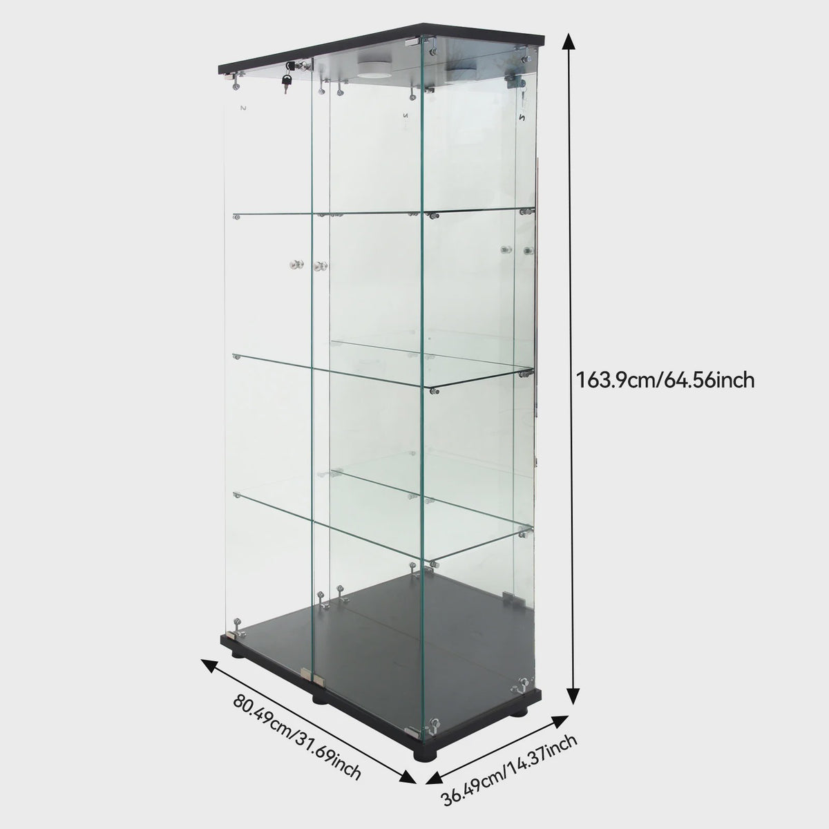 Glazen Vitrinekast met LED Verlichting - 4 Planken, 2 Deuren - 80.5x36.5x164cm