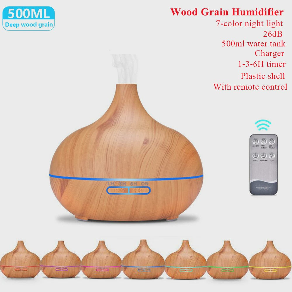 Aroma Diffuser met Houtnerf Design, 7 Kleuren LED en Afstandsbediening