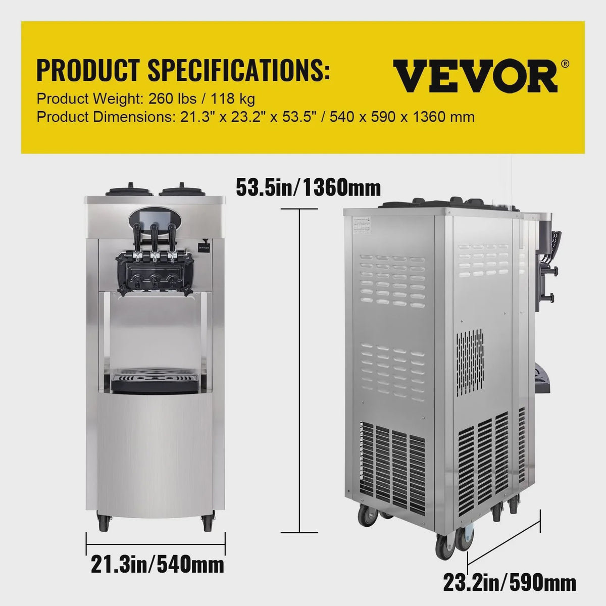 VEVOR Professionele Softijsmachine - 2+1 Smaken, 2200W, 20-28L/U